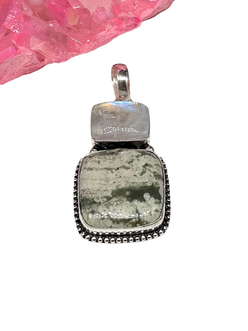 Peace Jade Rainbow Moonstone Necklace Pendant 925 Sterling Silver Overlay